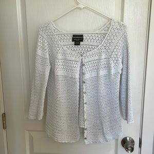 3/4 sleeved white hand crocheted linen and cotton Eddie Bauer cardigan